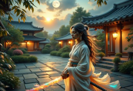 a tranquil garden courtyard at dawn, bathed in the ethereal glow of a harvest moon hanging low in the eastern sky. Shadows lengthen dramatically, giving the illusion of a greater distance than actually present. Silence reigns supreme, broken only occasionally by the melodic chirping of nocturnal birdsong.
Within this stillness, a lone figure materializes, drifting ghostlike through the mist-kissed air. Dressed in a flowing white kimono patterned with iridescent floral motifs that shift subtly in the lunar light, she appears to embody the very essence of purity and grace.
In her hands, gripped with the reverence due to a sacred artifact, is a wakizashi - a traditional Japanese short sword. Unlike conventional examples however, this blade emits a soft, multicolored luminescence, as if imbued with the very stuff of dreams and legends.
Long raven locks cascade freely down her back, framing a face of exquisite delicacy. Eyes closed, she seems to draw strength and serenity from the weapon she bears, channeling its power through her own innate spiritual fortitude. Even in repose, there is an aura of quiet menace radiating from her form, hinting at the formidable capabilities lying dormant within.
concept-art, fantasy, beautiful, painterly, detailed, textural, artistic, 
beautiful, painterly, detailed, textural, artistic, aesthetic, intricate details, highly detailed, vivid, vibrant, volumetric lighting, 
aidmaMJ6.1, mad-olpntng