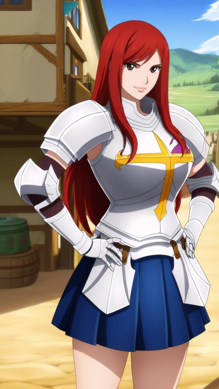 masterpiece, best quality, very aesthetic, absurdres, BREAK, 1girl, looking at viewer, cowboy shot,
<lora:HeartKreuz_Erza_Illu_Dwnsty-000008:0.9>, erz_hkreuz, brown eyes, red hair, long hair, armored dress, miniskirt, breastplate, gauntlets, shoulder armor, pleated skirt, blue skirt gloves,
large breasts, lips, light smile, hands on own hips,
outdoors, blue sky, village, landscape,