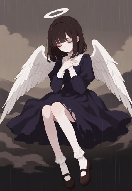 solo, ethereal, portrait, detailed, contemplative, 

sky, rain, 

closed eyes, hands on own chest, fluttering clothes, fluttering hair, meek, 

girl1, angel, very pale, brown medium hair, blue eyes, dark purple dress, torn dress, brown shoes, white socks, mary_jane shoes, 

(748cmstyle:1.3) 

masterpiece,best quality,amazing quality, detailed, 
