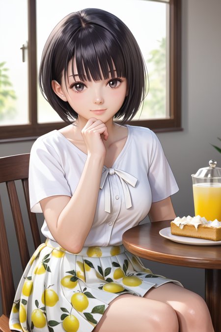 Shirai Hinako, lemon print skirt,casual outfit, 1girl, solo, looking at viewer, short hair, bangs, skirt, shirt, black hair, cafe background, closed mouth, sitting on the chair, table with sponge cake teapot and cup of tea, collarbone, crossing legs, white shirt, short sleeves, cowboy shot, medium pleated skirt, food, black eyes, gradient, gradient background, fruit, bob cut, white skirt, hand on own chin, lemon print skirt,  <lora:Shirai_Hinako_Blue_Reflection_Pony:0.7> anime color, seductive smile, photorealistic, cleavge, large breast, dimly lit
