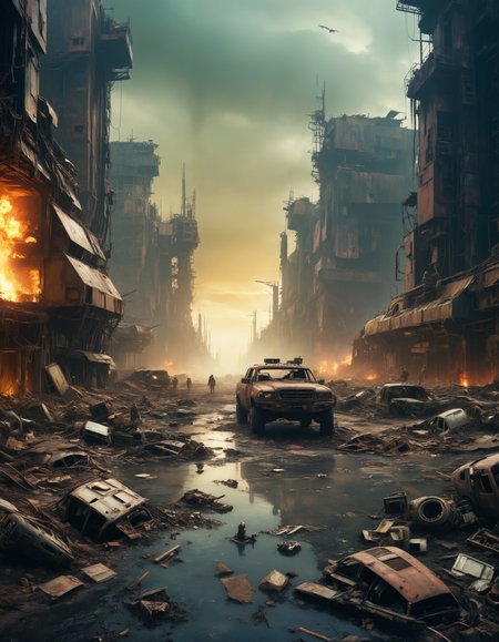 by Mikalojus Ciurlionis and Travis Louie, hyper realistic full view photo of  a (post-apocalyptic wasteland with remnants of advanced technology and survivors scavenging for resources:1.1),  (striking , mysterious , grotesque , massive , masterful:1.4), bold lines, hyper detailed, award winning, limited color palette, high contrast, depth of field, (intricate details, masterpiece, best quality:1.4)
dramatic cinematic lighting, film grain, looking at viewer, dynamic pose, wide angle panoramic view,
<lora:add-detail-xl:0.5> <lora:xl_more_art-full_v1:0.5> <lora:looking_at_viewer:2>