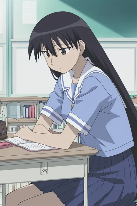 anime screencap, anime coloring, detailed face, masterpiece, best quality, very aesthetic, absurdres, volumetric lighting, official style, amazing quality, ultra detailed, highres, amazing quality, scenery, beautiful detailed hair, beautiful detailed eyes,
<lora:StS-Illustrious-Detail-Slider-v1.0:4>
 <lora:Sakaki_Azumanga_Daioh:1>
Sakaki blue uniform (outfit), Sakaki (character), 1girl, summer uniform, school uniform, solo, blue serafuku, desk, school desk, blue shirt, long hair, classroom, black hair, sitting, serafuku, pencil case, indoors