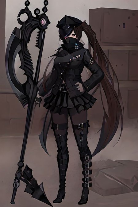 Succubus is a female with a long hair and red eyes, black police hat, wearing black bandanna that cover her face, black button jacket and short skirt, black thigh high boots, black gloves, black stockings, holding scythe,