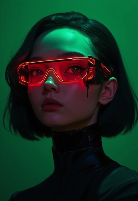 Futuristic portrait of a woman in cyberpunk style. Smooth facial features, strict black collar, minimalistic bob hairstyle with straight lines. Glowing red neon glasses creating a contrast with the deep green background. Neon accents and futuristic atmosphere emphasizing the cyberpunk style. Highly detailed with soft shadows and glossy skin effect