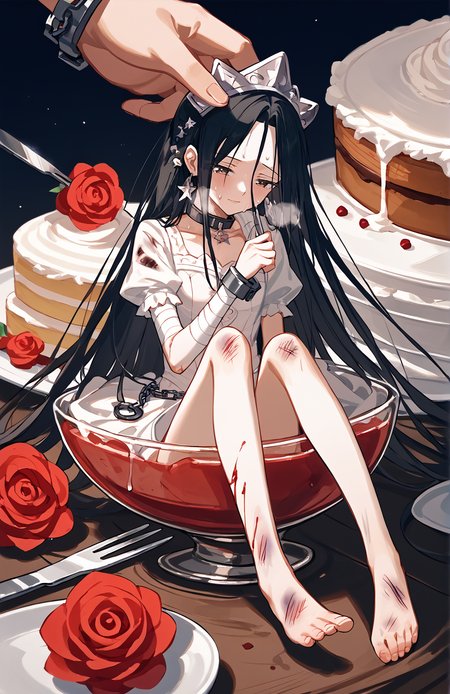 score_9,score_8_up,score_7_up,source_anime,rating_explicit,masterpiece,best quality,absurdres,very aesthetic,in cup,in container,miniperson,princess_hao,1boy,((miniperson)),<lora:princesshao_v1:1.2>,(((skinny))),black long hair,(((thin legs))),bruise,torn clothes,injury,blood,((bandages)),defeat,ryona,collar,shackles,heavy breathing,size difference,kneeling,sitting,rose,black hair,solo focus,<lora:spinCupXLPony:1>,minigirl,dining table,cake slice,fork and knife,