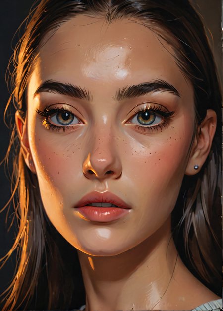 impactful paint of a young swedish woman, from the side, looking at viewer, serene satiated expression, natural rim lighting, vibrant colors, reflections in eyes, <lora:The_Pulp_Session:0.8>,