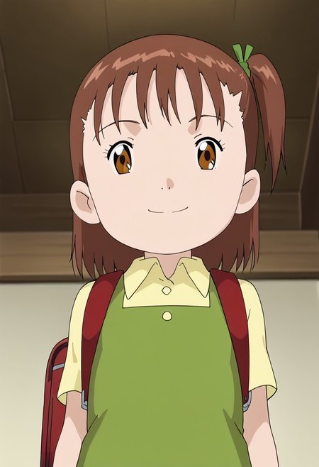 score_9, score_8_up, score_7_up, source_anime, anime screencap, masterpiece, best quality,
(1girl), jerikatou, ((solo, alone)), short petite, small body, flat chest, brown hair, side ponytail, brown eyes, green dress, smile, closed mouth, looking at viewer,
BREAK
(yellow collared shirt, red backpack, upper body) 
BREAK
(standing), indoor, bedroom, (from below, ceiling), during the day.