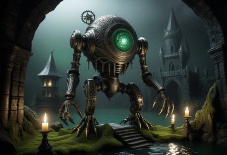 giant bipedal robot pewter silver and grey green stripes and bronze gold paisley robot. lacy robot cube squid head. outside of a steampunk keep. large detailed torso. dark image. one forty foot tall ancient robot with great arms and two heavy spring legs. dark foggy night background. $dark foggy night image only. dark photo realistic image. steampunk details. cogs, chains and pipes incorporated in the fantasy buildings. magic wizards tower in background. Dark swamp, moss, castle ruins, wizards tower. stormy dark night. small flaming machines. scorpion