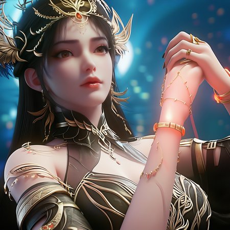 <lora:ponyhuolinger1v:1>,score_9,score_8_up,score_7_up, a highly detailed digital artwork depicting a young woman with a ethereal, otherworldly appearance, she has pale skin and long, straight black hair adorned with intricate gold jewelry, including a headpiece that resembles a crown, her eyes are large and expressive, with a hint of sadness or contemplation, her lips are full and slightly parted, adding to her enigmatic aura, she wears a form-fitting, black, high-collared garment with gold accents and intricate, ornate designs, the garment appears to be made of a shiny, metallic material that reflects light, giving it a luxurious and otherworldly quality, her left arm is adorned with a series of gold bracelets, one on each side, and a red, glowing bracelet that wraps around her right wrist, the background is a gradient of teal and green hues, creating a dreamy, ethereal atmosphere, the lighting is soft and diffused, enhancing the ethereal and mystical feel of the artwork, the overall composition is dynamic, with the woman's pose and the intricate details of her jewelry drawing the viewer's attention