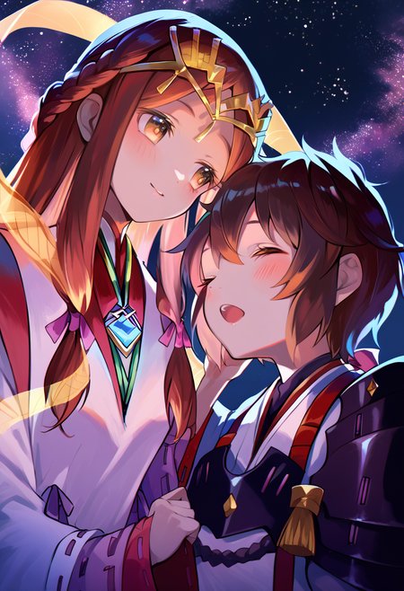 (score_9:0.9),score_8_up,score_7_up,anime style,rating_safe,(zPDXL),2girls,night,starry sky,
BREAK long sleeves,haze_xb2,miko costume, light smile, 
BREAK shoulder armor,lora_xb2,white japanese costume,closed eyes,blush,open mouth,<lora:XB2 Lora and Haze ponyXL v1:0.92>, sleeping