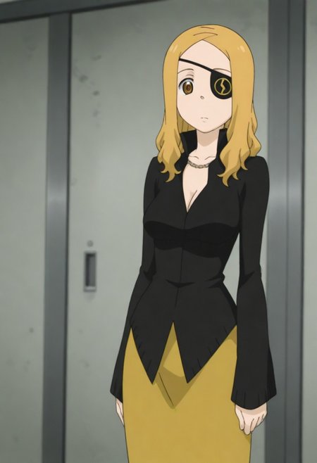 masterpiece, best quality, amazing quality, 1girl, solo,,, shiny skin,,,<lora:Marie_Mjolnir:1>mmjolnir, blonde hair, long hair, brown eyes, right eyepatch,, cleavage, necklace, black dress , gold skirt, long skirt, long sleeves, jewelry,