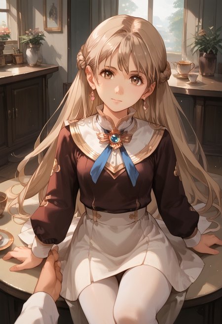 score_9, score_8_up, score_7_up, score_6_up, score_5_up, score_4_up, detailed, intricate details, source_anime, , (best quality) , (highly detailed) ,((masterpiece)), ((best quality)), (ultra-detailed), ((extremely detailed)), (high resolution), 4K, (8K), best quality, (beautiful), (dynamic lighting), (super detailed skin), sharp focus, (1_girl, solo focus), score_9,score_8_up,score_7_up,anime coloring, < yui_uzuki,, 1girl, solo, long hair, earrings, looking at viewer, , , light brown hair, , brown eyes, , brooch,, jewlery, brooch, bangs ,ribbon,
shiny skin, bedroom, dress, big skirt, (white pantyhose), heels, (tea table, holding teacup, tea pot), sitting, crossed legs, pov, from above,, detailed face and detailed skin <lora:add-detail-xl:1.0> ,(((feminine bodies))),(((perfect anatomy))), (((correct arms))), (((correct hands)))