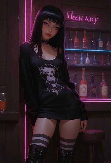 (score_9, score_8_up, score_7_up), 1girl, 20 year old, long black hair, hime cut, perky breasts, cleavage, pretty face, looking at viewer, purple eyes, light freckles, oversized hoodie, black skirt, striped thigh-high socks, gothic boots, leaning on wall, detailed background, inside, bar, hidden area, vivid colours,  g0thicPXL, glowing, neon, portrait shot, face focus,