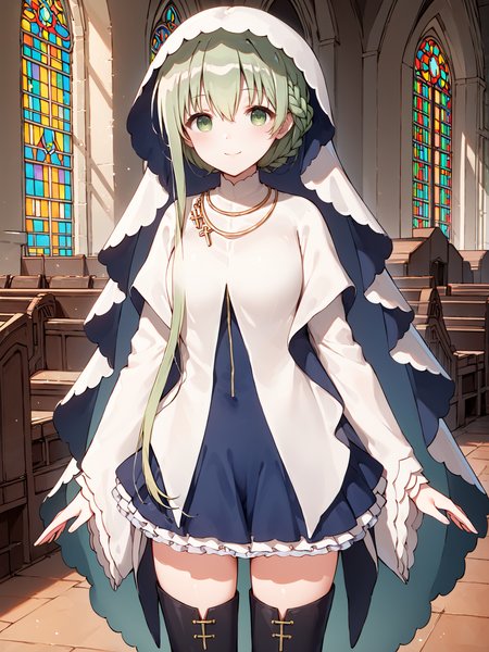 score_9, score_8_up, score_7_up,source_anime, high res image,masterpiece,best quality
indoors, cowboy shot, ((church:1.2)), looking at viewer, smile, standing, 
<lora:CeciliaV2-03:0.8> ((ceciliav2:1.3)), 1girl, green hair, long hair, dress, jewelry, green eyes, hair between eyes, veil, necklace, long sleeves, wide sleeves, black thighhighs, frills, zettai ryouiki, blue dress, ((long white dress:1)), parted lips, thighs, skirt, closed mouth, ((folded braid:1.3)), thigh boots, single sidelock, asymmetrical hair 
<lora:add-detail-xl:2>