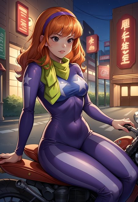 score_9, score_8_up,score_7_up, source_anime, 1girl, solo, <lora:EPsbdDaphne:1>, EPsbdDaphne, orange hair, long hair, black eyes, purple hairband, green scarf,
cowboy shot, leaning, motor vehicle, ground vehicle, motorcycle, sitting, on motorcycle,bodysuit, night, street, american flag print