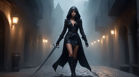 (contrapposto pose, alluring legs:1.3), Shadow Dancer in Darkened Alley, style of Brom, nimble female rogue in black leather, surrounded by swirling shadows taking forms of dark creatures, intense eyes peering from beneath a hood, faint glow of a dagger in hand, narrow cobblestone alley, heavy fog creating an ominous atmosphere, faint rain slicking the ground (rogue:1.03), (shadow creatures:1.2), (dagger:1.0), (fog:0.8), (lanterns:0.7), dark and suspenseful, cover art style, shadow effects, HDR, rule of thirds composition, full-length editorial photo of 21yo seductress, cute face, large bosom, attractive body figure, feminine hourglass body shape, style of Peder Balke, Nordic Landscapes, Atmospheric Light, Vast Skies, Dramatic Seascapes, Monochromatic Simplicity, Mariella_Nereida,