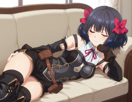 score_9, score_8_up, score_7_up, source_anime, BREAK
1girl, solo, simple background, blurry, lying on side,
tino shade, medium hair, black hair, red hair bow, closed eyes,
theif outfit, white collared shirt, neck ribbon, frills, sleeveless shirt, detached sleeves, long sleeves, fingerless gloves, armor, corset, black shorts, belt, belt pouch, thighhighs, knee boots,
hand under chin, sofa, blurry,
<lora:tino_shade_anime_v2-soralz:1>