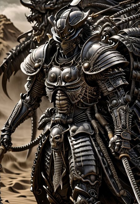 stunning, magnificent, HD, photorealistic, samurai, dramatic lighting, solo, standing alone in a desert, intricate details, intricate armor, intense gaze, mythical, legendary, powerful, ((dark, evening)), cinematic, close-up, art by hr giger,
 armor, science fiction, no humans,
 vintage painting,painting,realism,Americana art,artistic style