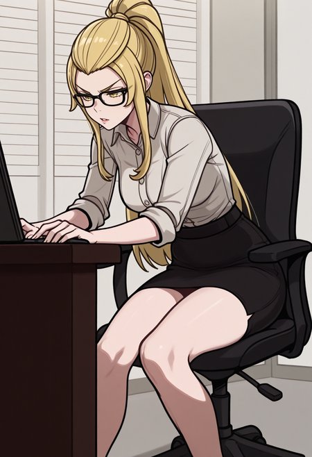 masterpiece, best quality, 1girl, parted lips, v-shaped eyebrows, hunched over, <lora:JadeFE-illu:1> csJade, blonde hair, long hair, high ponytail, sidelocks, yellow eyes, dress shirt, sleeves rolled up, glasses, black-framed eyewear, sitting, black skirt, pencil skirt, bare legs, office chair, typing
