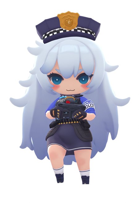 best hands, <lora:mn_poli_IL1.4:0.9> 
mn_poli, official art, 1girl, chibi, white very long Messy Hair, aqua eyes, :3, standing, uniform, blush, smile, blue eyes, blue shirt, holding assault rifle, armband, police uniform, policewoman, bulletproof vest, walkie-talkie, pencil skirt, black gloves, white socks, Footwear, Bullet Belt, Policeman's hat, walking
BREAK Virtual Space