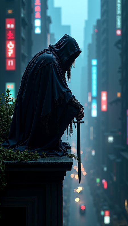 photorealistic image of a shadowy figure crouched on the edge of a building in a digital cityscape, cloaked in dark tattered robes, gripping a sword, scanning the virtual environment below, dusk setting with neon lights illuminating the scene, ultra-high-definition textures, cinematic composition, stealthy atmosphere, deep shadows, high contrast lighting, highly detailed and accurate portrayal, photorealistic rendering, cyberpunk theme, tense mood


cinematic scene, cinematic lighting, intricate detail skin and facial texture, lifelike expression, accurate character design, extremely complex dynamic pose, interesting and complex background details, intricate vegetation details, perfect hands and fingers, correct body anatomy, complex realism,


 














