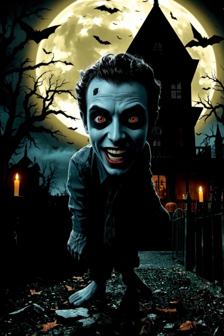 (zombi), halloween night, horror, (bats), moon in the sky, portrait, (standing:1.2),  happy smiling, red eyes,(very detailed), best quality,  sharp focus, , spooky Victorian house, medieval horror, ancient spellbook, candle-lit path,  halloween_weather, spectral blue light,  ethereal lights, backlight, shadows, high contrast, hdr, <lora:Anti-Blur:0.8> <lora:Hand v2:0.8> Detailed hand, Hand, Perfect hand, <lora:aidmaImageUpgrader:0.8> aidmaimageupgrader,  <lora:Vintage comic book:0.8>