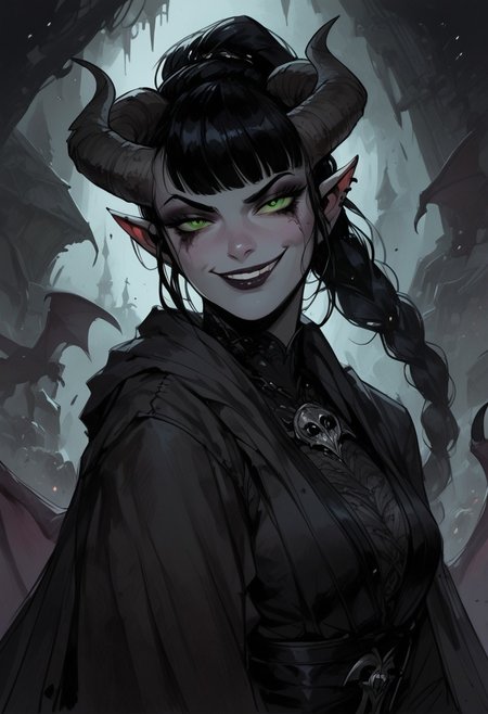 score_9, score_8_up, score_7_up, BREAK, 1woman portrait, beautiful, dramatic lights ((Succubus, Demon Girl, Succub, horns, seductive, seductive look, goth, goth girl, goth makeup, green eyes, wings, bat wings grey skin, grey colored skin, black hair, long braided ponytail, bangs, side bangs, happy, smug))
<lora:Fant5yP0ny:0.6> <lora:fantasy_world_pony:0.9>
<lora:Cherry-Gig:0.55>
