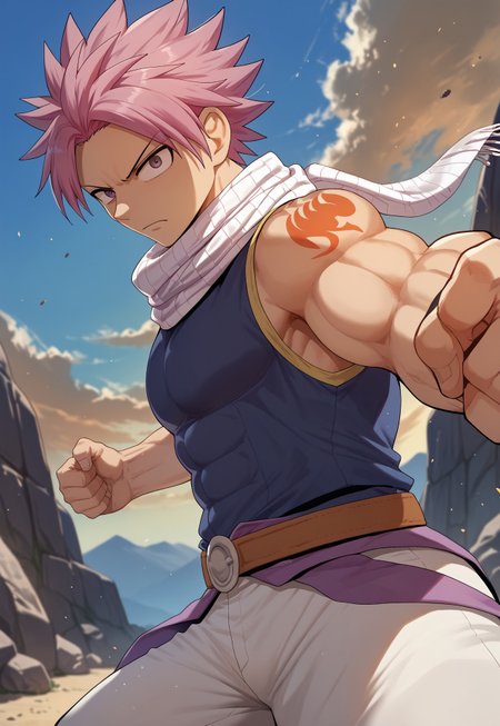 score_9, score_8_up, score_7_up, 1boy, bara, solo, natsu_dragneel, fighting pose, fighting stance, punching, arm tattoo, outdoors, bare land, sleeveless, pants, white scarf, white pants, belt, rocky mountain, serious, angry, vein, serious look, farway shot, evening sky, dusty, ((from below:1.3, pov from below:1.3, from side:1.5, side view:1.3))