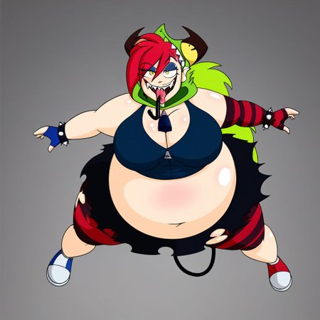 demencia, red hair, green ponytail, striped thighhighs, single striped sock, anklet, green monster hood, yellow eyes, sharp teeth, dark blue hoodie, single striped sleeve, red sneaker, blue sneaker, black skirt, smile, eyeshadow, spiked bracelet, zipper pull tab, torn pantyhose, glove, tongue out, clothed, inflating, floating, body inflation, breast expansion, inflated arms, inflated legs, leaning forward, helium tank, hose in mouth, by truegrave9 <lora:InflationXL-02-PonyXL-e050:1>