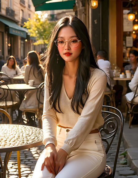 In a vibrant, open-air French café bathed in the warm, golden hues of late afternoon sunlight, a striking woman named NJZH43R1N is seated alone at an intimate, wrought-iron table. She dons white pants and long sleeves, her black hair cascading loosely over her shoulders. With a captivating, enigmatic expression on her face, she closes her eyes as if deep in thought, her full lips slightly parted, while gazing directly at the viewer from behind her stylish glasses. The café's eclectic mix of patrons and vintage décor create a lively backdrop, with the sun casting dappled shadows on the cobblestone street beyond.