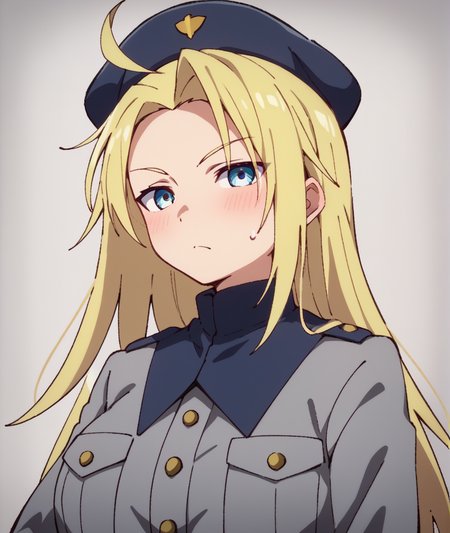 score_9, score_8_up, score_7_up, score_6_up, score_5_up, score_4_up, BREAK source_anime,
<lora:Pisara_PONY:1>,pisara, 1girl, solo, blonde hair, long hair, blue eyes,ahoge, military uniform, hat,