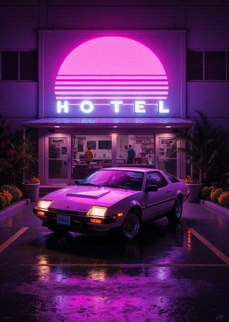 <lora:ck-Neon-Retrowave:1>, ck-nw,  in the style of ck-nw, a DMC-12 car parked in front of a hotel at sundown