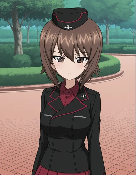 masterpiece,best quality, absurdres, highres,   <lora:Maho Nishizumi illu:0.9> mahoillu, dress shirt, kuromorimine military uniform, black jacket,  wing collar, garrison cap, long sleeves, red pleated skirt, standing outside, park, anime coloring, girls und panzer, looking at viewer,