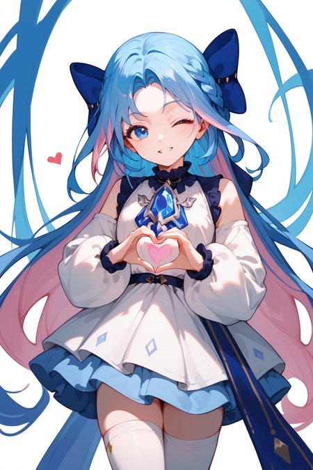 (score_9,score_8_up,score_7_up,),<lora:shume-000020:0.9>,shume,multicolored hair,long hair,pink hair,hair bow,parted bangs,blue eyes,blue hair,white thighhighs,white dress,braid,heart hands,cowboy_shot,wink,smile,