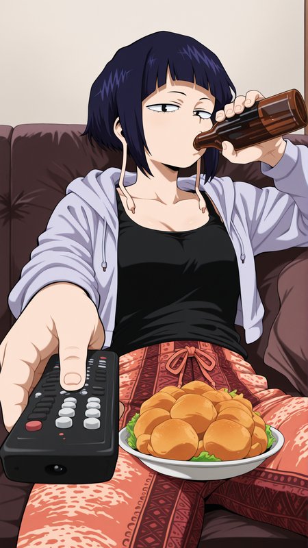masterpiece, best quality, absurdres, amazing quality,  1girl, solo, <lora:IlluJirou:1> illujiro, short hair, bangs, long earlobes, purple hair, black hair, black eyes, <lora:printed_flare_pants_ilxl_goofy:1> printed flare pants, open jacket, tank top, hoodie,  <lora:ManWatchingTVMeme_illusXLNoobAI_Incrs_v1:1> sitting, holding bottle, holding remote control, controller, on couch, drinking, looking at viewer, food