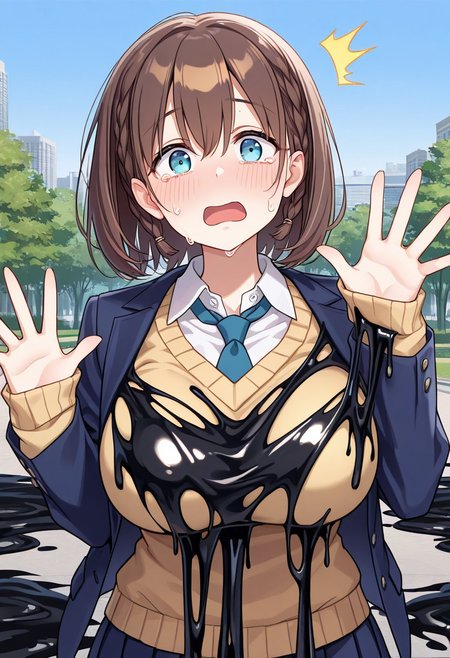 masterpiece, best quality, 1girl, solo, <lora:aichan-illu-nvwls-v1-000005:1> aichan, brown hair, medium hair, cyan eyes, braid, large breasts, blue blazer, yellow sweater vest, blue necktie, blue skirt, pleated skirt, looking at viewer, crying, blush, blue sky, city, upper body, waving, trees, park, surprised, black slime, stick black slime covering her body, torn clothes, slime sex,