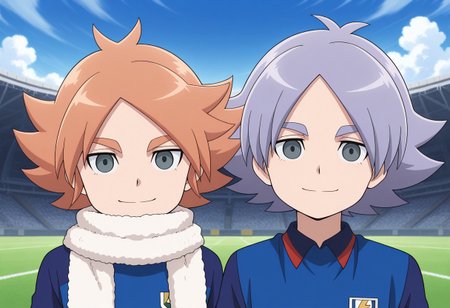masterpiece,best quality,amazing quality, source_anime, 
2boys, brothers, looking at viewer, smile, 
orion soccer uniform, shirt, blue shirt, raglan sleeves, short sleeves,
FubukiAtsuya, 1boy, male focus, grey eyes, orange hair, BREAK
fubukishirou, 1boy, male focus, grey hair, parted bangs, grey eyes, BREAK
outdoor, sky, day, clouds,