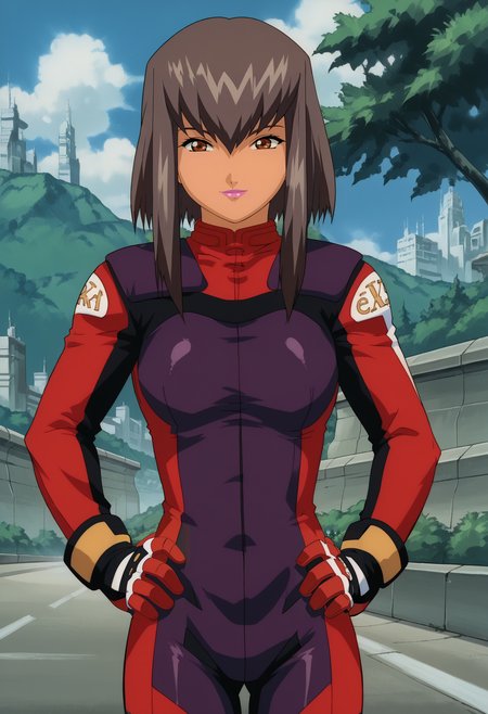 <lora:Rei_Kazama-eX-Driver:0.9>,Rei,mature female,1girl,solo,brown eyes,dark skin,brown hair,short hair,lipstick,bodysuit,gloves,hands on own hips,looking at viewer,light smile, outdoors