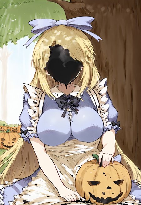 safe_pos, score_9, score_8_up, score_7_up, best_quality, 
 Expressiveh,
1girl, solo,mature woman, big sister, AliceMotherBS2, 1girl, blonde hair, long hair, breasts, large breasts, very long hair, medium breasts, ribbon, blue bow, apron, dress, white apron, puffy short sleeves, frills, puffy sleeves, maid apron, blue dress, bow, hair bow,covered face,black liquid,
 tree, under a tree, below view, upper body, pumpkin, holding pumpkin, lowangleview-3000,