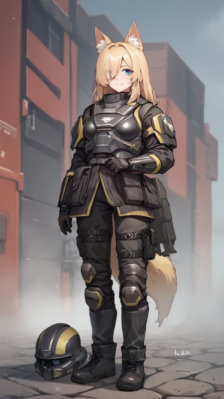 <lora:HelldiversXL:1> score_9, score_8_up, score_7_up, score_6_up, score_5_up, score_4_up,  source_anime, helldiver, 1girl, armor, helmet, large breasts, helmet removed, full body, blonde hair, blue eyes, light smile, hair over one eye, fox ears, animal ear fluff