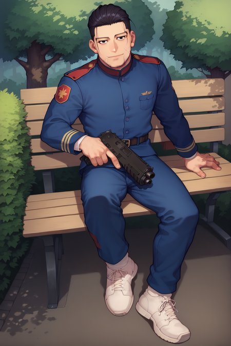 1boy, solo, 0gata, smile, closed mouth, looking at viewer, hair slicked back, facial hair, facial scars, blue jacket, japanese imperial army uniform, black hair, black eyes, button, sitting on bench, park, full body <lora:ogatapony:0.8> <lora:AsuraLycoXL:0.8> <lora:Bolter_-_Warhammer_40000_Pony_SDXL:1>, holding a bltgun bolter weapon, score_9, score_8_up, score_7_up,