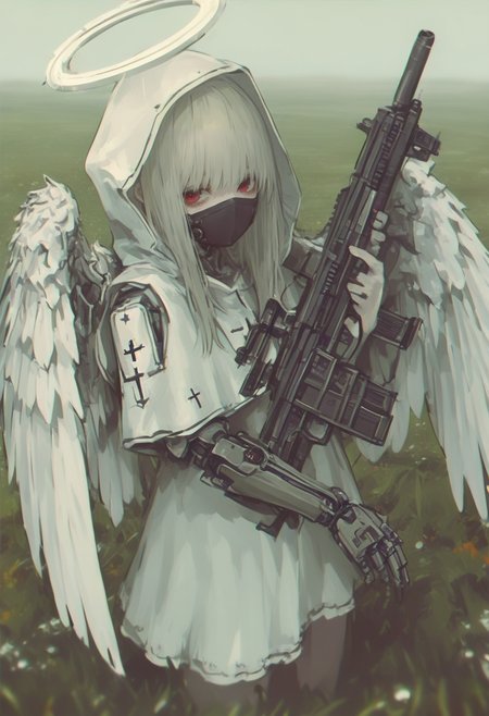 1girl, wings, halo, weapon, solo, gun, cross, hood, mask, holding, mechanical arms, looking at viewer, angel, feathered wings, long hair, holding weapon, holding gun, rifle, outdoors, grass, angel wings, cyborg, red eyes, single mechanical arm <lora:748cmXL_NB11_lokr_V6311P:0.95>