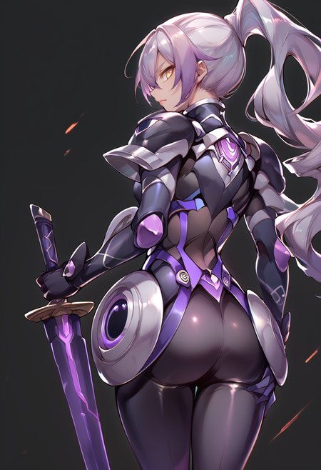 (score_9:0.9),score_8_up,score_7_up,anime style,rating_safe,(zPDXL),<lora:Sky striker ace - azalea ponyXL v2:0.75>,sky striker ace - azalea,black battle suit,weapon,solo,from behind,standing,holding,holding purple katana,purple katana,looking back,<lora:planted_sword:0.7>,planted-sword,