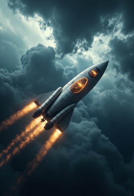 The sleek, metallic rocketship floats through the vast expanse of space, its engines glowing with an otherworldly light. Its crew, dressed in futuristic suits and helmets, Thunderstorm, Simple and Clean, natural lighting, by Jeremy Mann, Miles Johnston, Alasdair McLellan, Daniel Merriam, Peter Gric, Dariusz Klimcza, 
,aidmafluxproultra, aidmaHyperrealism, aidmaMJ6.1