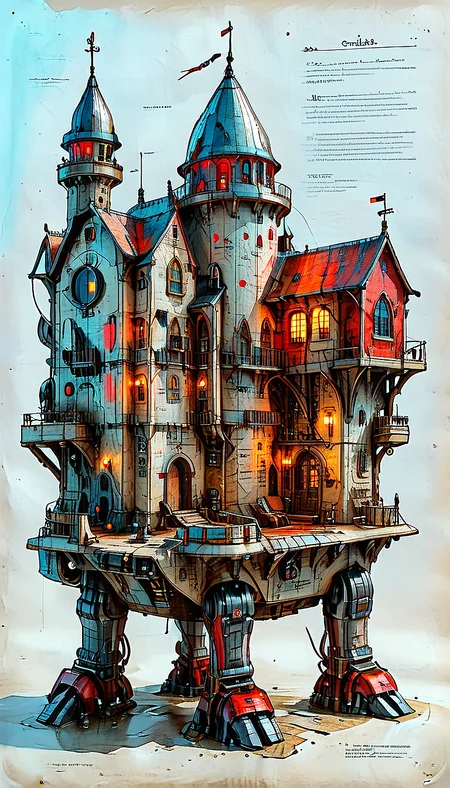 (cel-shading:2)+, (in ARTIST style:1.6), (masterpiece:1.7), night, glow neon, hyperrealism, glossy, shinny, clear image, accurate picture, clear picture, precise image, focused image, 
An illustrated medieval old worn page of (iron castle, science fiction, standing, Walking vehicle, red paint), made with ingredients including: (mechanical legs, antenna, parts, wires), text is Old English and Gothic, parchment page, intricate details, muted colors, high resolution, best quality, fantasy vibe (ultra sharp focus:2), (detailed windows:2), (thin lines:2), (best quality:1.8),
<lora:MJ52:0.8> <lora:ParchartXL_CODA:1>,
<lora:add-detail-xl:1> (ultra sharp focus:1.8), (detailed skin:1.8), (thin lines:1.8), (best quality:1.8),
<lora:Apparatus_-_Traction_City_Walkers_Vehicles:0.7>, <lora:Someplastic_b:0.6>,
<lora:glowneon_xl_v1:0.6>