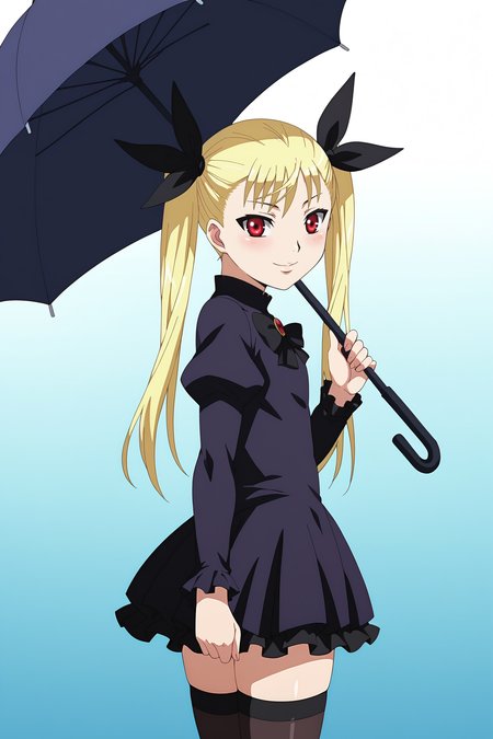 score_9, score_8_up, score_7_up, source anime, prefect lighting, very aesthetic, BREAK, anime screencap, anime coloring,
<lora:mina_tepes_v1:1>, 1girl, mina tepes, dance in the vampire bund, blonde hair, red eyes, flat chest, hair ribbon, twintails, gothic, dress, thighhighs, umbrella, 
BREAK, looking at viewer, smile, blush, wide hips,  from side, looking back, 
BREAK,