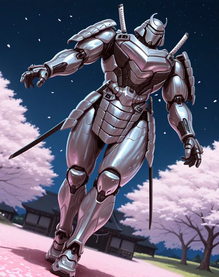 <lora:Silver_Samurai_(Marvel_Comics)_(Illustrious)_(AD):1> Silver Samurai, robot, armor, 
((
exterior, traditional Japanese noble's estate home, cherry blossoms, night sky, 
dutch angle, dynamic action, male focus, solo, fully armored, villain, hyper glossy body, powerful, superiority,  
)),
BREAK: very awe, aesthetically pleasing, masterpiece, best quality, amazing quality, very aesthetic, depth of field, absurd details, depth of field, atmospheric rendering, natural shading, soft shading, 
BREAK: lazympos, lazypos (3),