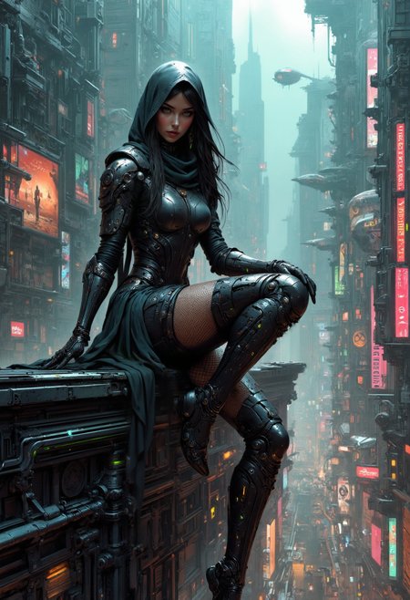 A high-resolution photograph of an elegant and mysterious Arabic-inspired female assassin in a futuristic, sci-fi setting. She has a slender, athletic build with a medium skin tone and long, dark hair cascading down her back, partially covered by a dark, high-tech, hooded cloak. Her attire is a sleek, futuristic suit that blends dark gray and black armor plating with neon green accents, creating a striking, cyberpunk appearance. The outfit incorporates intricate, mechanical details, with shoulder pads and a chest plate subtly highlighting her form. A scarf or light veil covers part of her face, leaving only her intense eyes visible, adding an air of secrecy to her persona. s, seamlessly integrated into her high-tech aesthetic. Her fitted, high-tech sleeves reach up to her elbows, accentuated with green neon lines, and her legs are adorned with fishnet stockings.
She sits on the edge of a sleek, metallic platform overlooking a sprawling cyberpunk cityscape below. The city is alive with vibrant neon lights and holographic advertisements, casting colorful reflections that dance across her dark attire. Tall skyscrapers with illuminated windows and futuristic architecture rise into the misty night sky, while floating vehicles zip past, adding depth and motion to the scene. The air is filled with a faint fog, lit by the glow of neon signs and the shimmering lights from distant buildings, creating a moody, atmospheric effect that contrasts with the assassin's calm and composed demeanor. The overall aesthetic is futuristic, dark, and edgy, blending Arabic cultural elements with science fiction in a highly realistic, photorealistic style that highlights her textures, weapon, and intricate details against the vibrant, bustling city backdrop
<lora:CPA:0.6>avy-drkcnmtc, low-key lighting, atmospheric haze, underexposed, cinematic darkness, deep shadows . futuristic, technological, cybernetic enhancements, <lora:artisketchyfs-v02:0.5> <lora:FluxMythV2:0.7> . shallow depth of field, vignette, highly detailed, high budget, bokeh, cinemascope, moody, epic, gorgeous, film grain, grainy . dark, mysterious, haunting, dramatic, ornate, detailed
<lora:DarkCore:0.6>