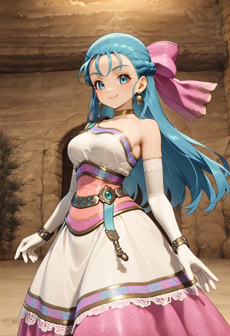 masterpiece, best quality, very aesthetic, absurdres, 1girl, solo,
<lora:dqh2_nera_v01:0.9>, dqh2_nera, blue hair, long hair, braid, blue eyes,
pink bow, hair bow, earrings, choker, jewelry, long dress, white elbow gloves, bracelet, smile, posing, portrait, indoors