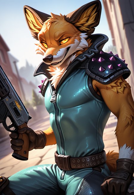 photorealism, photorealistic, chromatic aberration, depth of field, blurry background, detailed fur,   looking at viewer, dutch angle, close up,  (fennix:1.2), fortnite, male focus, solo, 1boy, holding weapon, holding shotgun, furry, anthro, clothes, colored sclera, shoulder armor, glowing eyes,   (syuro:0.8), (nomax:0.5), (honovy:0.6), (kenket:0.6), (taran fiddler:0.6), masterpiece, best quality, amazing quality, very aesthetic, absurdres, newest,   <lora:Fennix_Fortnite_Illustrious:1.0:1.0>,  three-quarter portrait, side view, looking at viewer, spread legs, smug